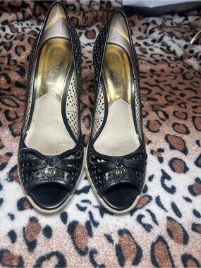 Michael Kors Black Perforated Peep-Toe Wedges